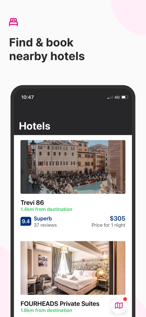 Rome2Rio: Trip Planner - Interfaccia dell'app Rome2Rio che mostra risultati di ricerca hotel con prezzi e valutazioni degli ospiti