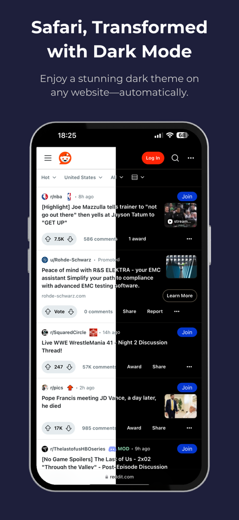 Shade: Dark Mode for Safari - Split screen comparison of a mobile website in standard light mode and Shade dark mode theme on Safari