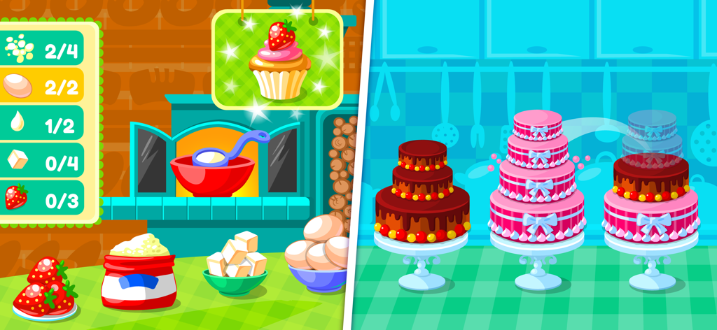 Gameplay screen showing a bakery station with ingredients and a section with decorated multi tiered cakes