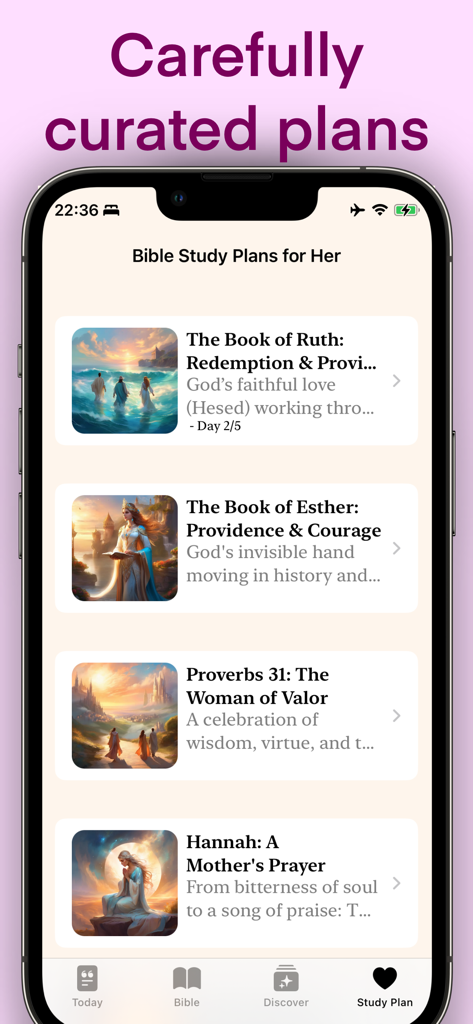 Interfaz de la aplicación Ruth que muestra planes de estudio bíblico curados para mujeres como el Libro de Rut, Ester y Ana.