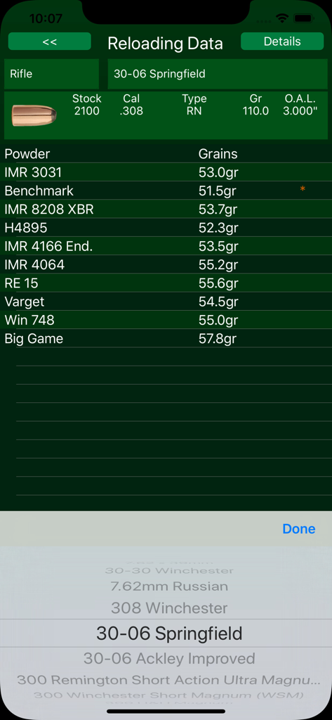 Sierra Reloading Manual app screen showing powder grain weights and reloading data for 30-06 Springfield cartridges.