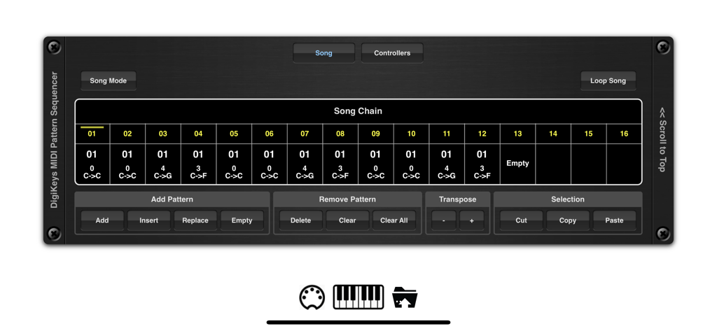 DigiKeys AUv3 Sequencer Plugin - Aplicativo sequenciador MIDI AUv3 DigiKeys exibindo o editor de padrões da cadeia de músicas