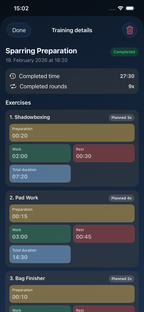 BoxTime - Boxing Timer - Captura de tela do aplicativo BoxTime mostrando uma sessão de preparação de sparring concluída com detalhes de exercícios para shadow boxing e treino com aparador.