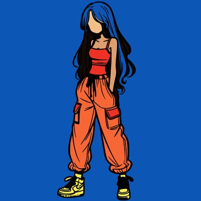 girl in baggy pants crop top and long hair