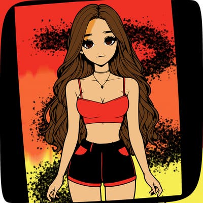 a realistic girl with long hair and in a crop top and shprts