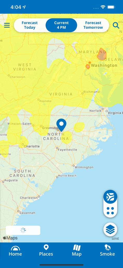 EPA AIRNow - Vista del mapa de la aplicación EPA AIRNow que muestra los niveles actuales de calidad del aire en todo el este de los Estados Unidos con zonas codificadas por colores.