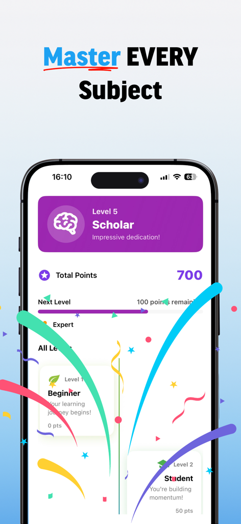 ScrollToStudy app screen showing student progress with level five scholar status and total points earned