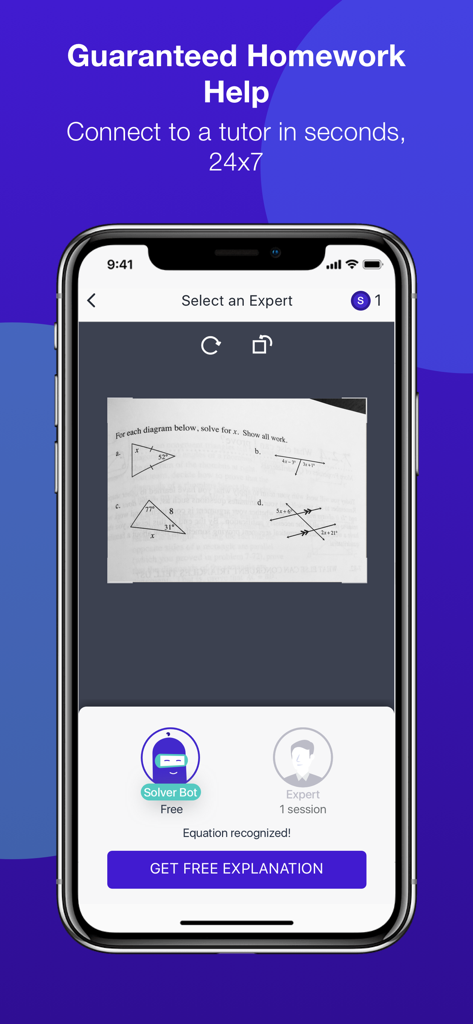 PhotoStudy - Live Study Help - PhotoStudy app screen showing a geometry homework photo with options to select an AI solver bot or a live expert for 24/7 study help