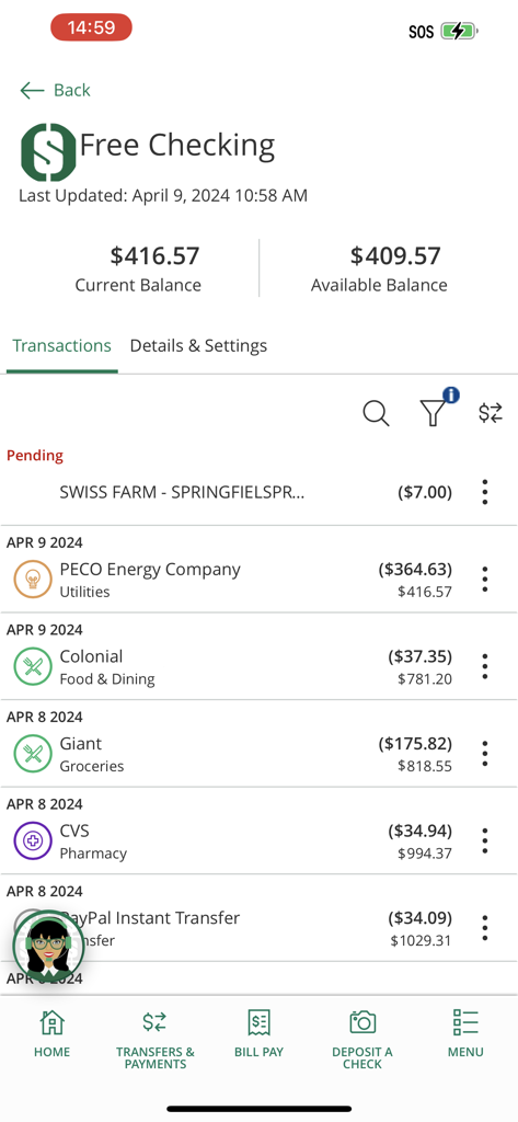 FMFCU Mobile App-Bildschirm mit kostenlosem Girokontostand und aktuellen Transaktionen.