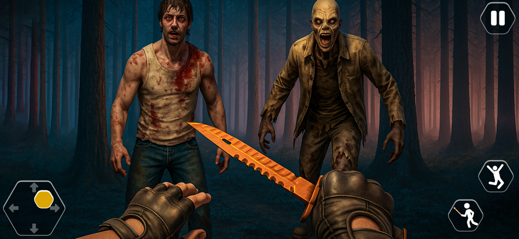 The Silent Stalker SpringNight - First person view of a survival horror game showing a knife and a zombie in a dark forest