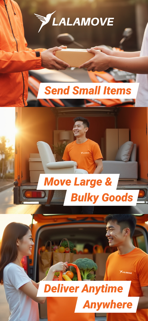 Lalamove app services showing delivery options for small items large bulky goods and grocery delivery