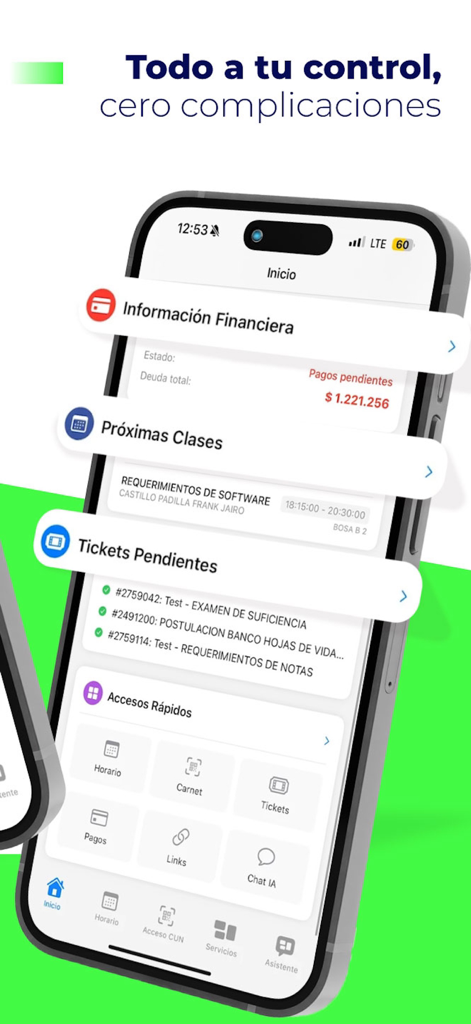 Cun 360 - Panel de la aplicación Cun 360 para estudiantes universitarios, mostrando información financiera y próximas clases.