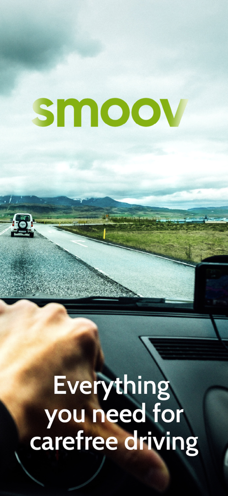 Smoov - Smoov app welcome screen with a scenic road trip view and slogan for carefree driving