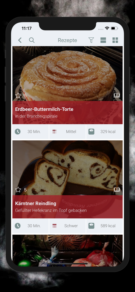 Mobile app screen showing a list of steam oven recipes with photos preparation time and nutritional information