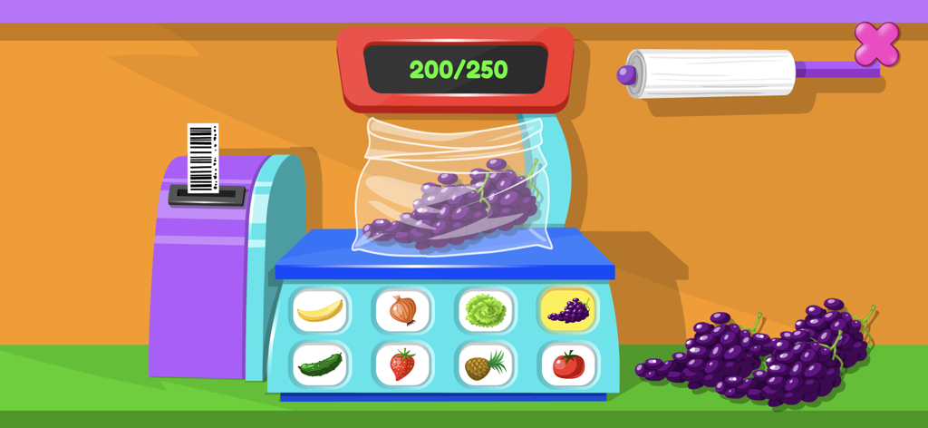 Supermarket Game - Shopping - 어린이 슈퍼마켓 게임에서 무게 숫자가 표시된 보라색 포도 봉지가 놓인 디지털 저울.
