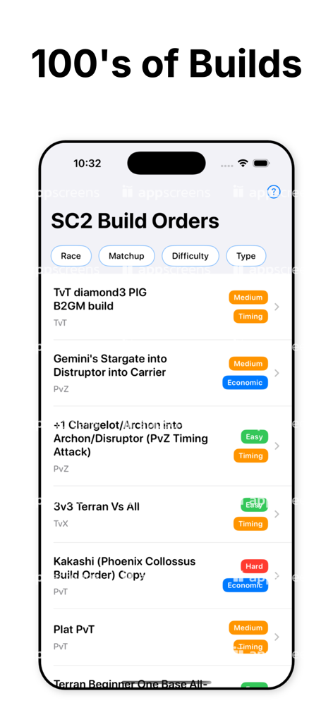 Una pantalla de aplicación móvil que muestra una biblioteca de órdenes de construcción de StarCraft 2 con filtros por raza y dificultad.