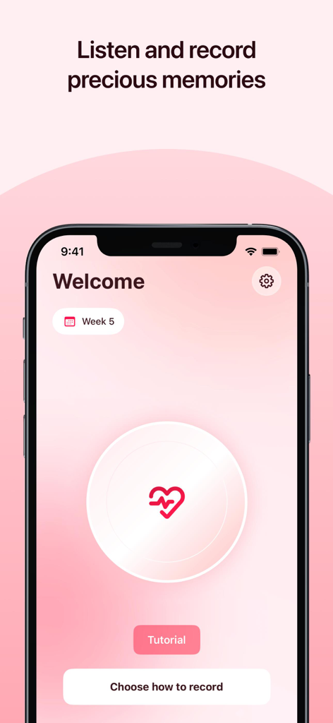 My Baby Heart Sounds App - La interfaz de bienvenida de la app Mi Latido de Bebé con un icono de corazón y opciones de grabación.
