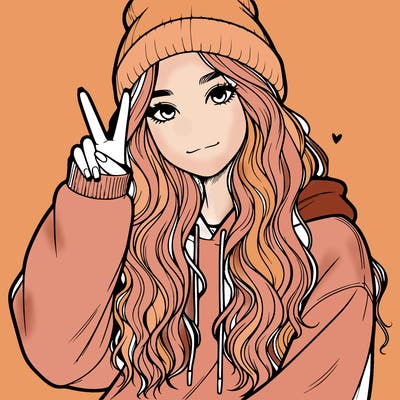 a teenage girl in a beanie, oversized sweatshirt, wavy long hair, and is showing a ✌️