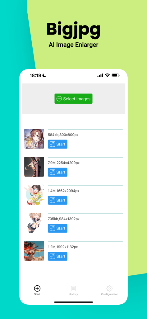 Bigjpg - Bigjpg app interface showing a list of anime images ready for AI upscaling