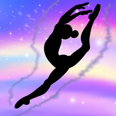 gymnast doing a leap in a leotard with a bent back leg