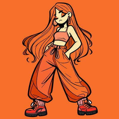 girl in baggy pants crop top and long hair