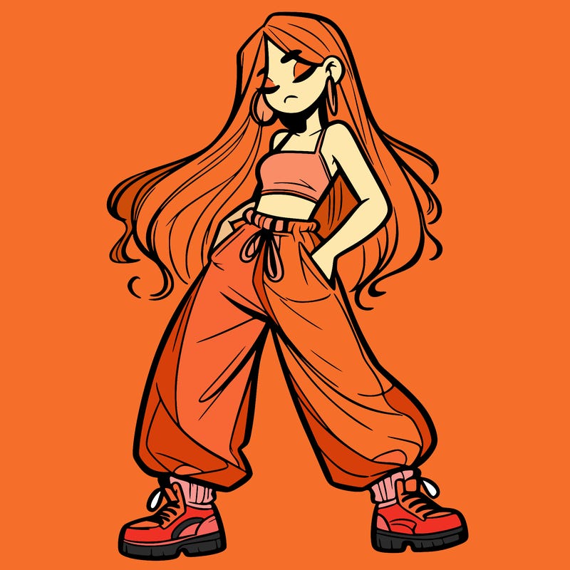 girl in baggy pants crop top and long hair