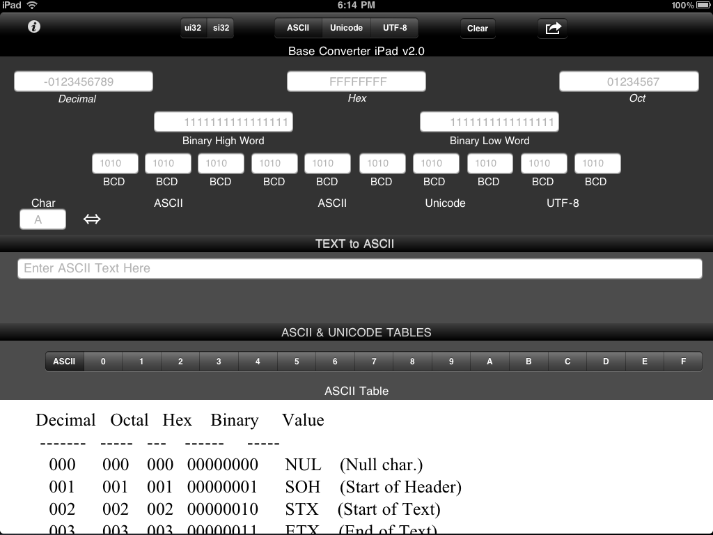 Base Converter for iPad - Base Converter for iPad interface showing multiple number conversion fields and an ASCII character table