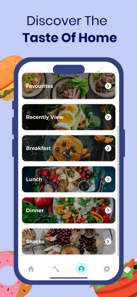 Taste Of Home - Allrecipes - Mobile app screen showing various meal categories including breakfast lunch dinner and snacks with vibrant food images.