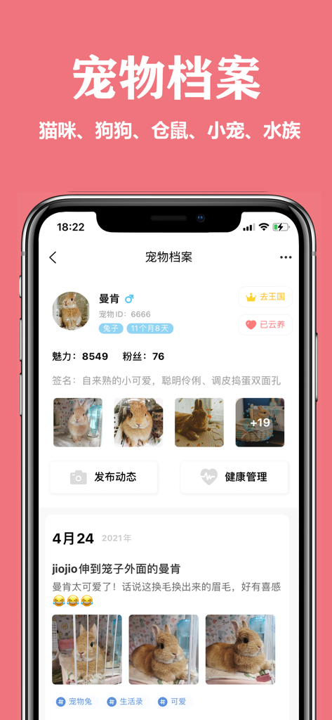宠物王国-科养玩家 - Screenshot of Pet Kingdom app showing a detailed pet profile for a rabbit with photos and health records
