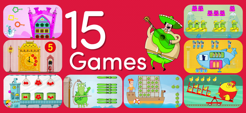 A collage of 15 educational mini games for toddlers featuring colorful illustrations of animals, vehicles, and numbers