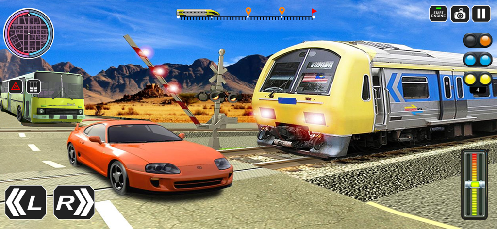City Train Driver Game 2020 - City Train Driver Game 2020 gameplay showing a modern train and sports car at a railroad crossing.