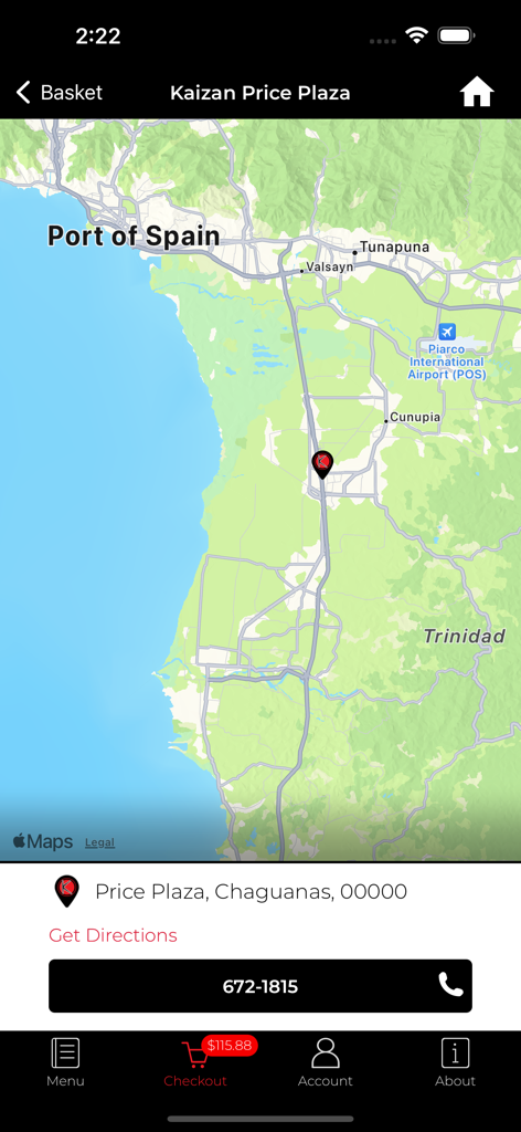 Kaizan Sushi - In-app map view showing the location of Kaizan Sushi at Price Plaza in Chaguanas.