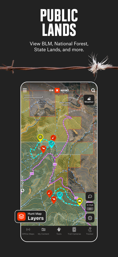 onX Hunt app interface showing public land boundaries and topographic waypoints