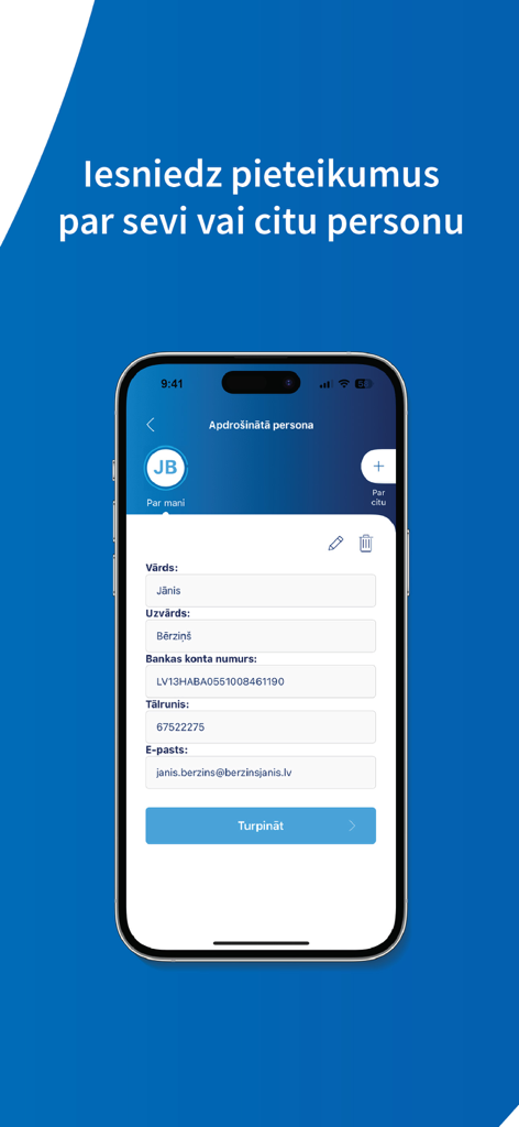 BALTA - A mobile screen from the BALTA app showing a personal details form for an insured person including name, bank account, and email.