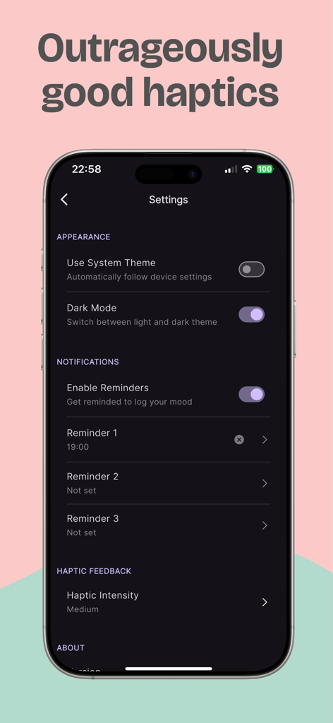 PulseMood: Mood Tracker & Log - PulseMood app settings screen showing options for haptic feedback, dark mode, and daily reminders.
