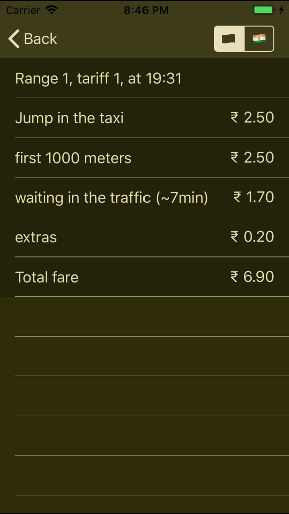 Taximeter 1.0 - Digital taximeter app interface showing a detailed fare breakdown with charges for entry distance and waiting time