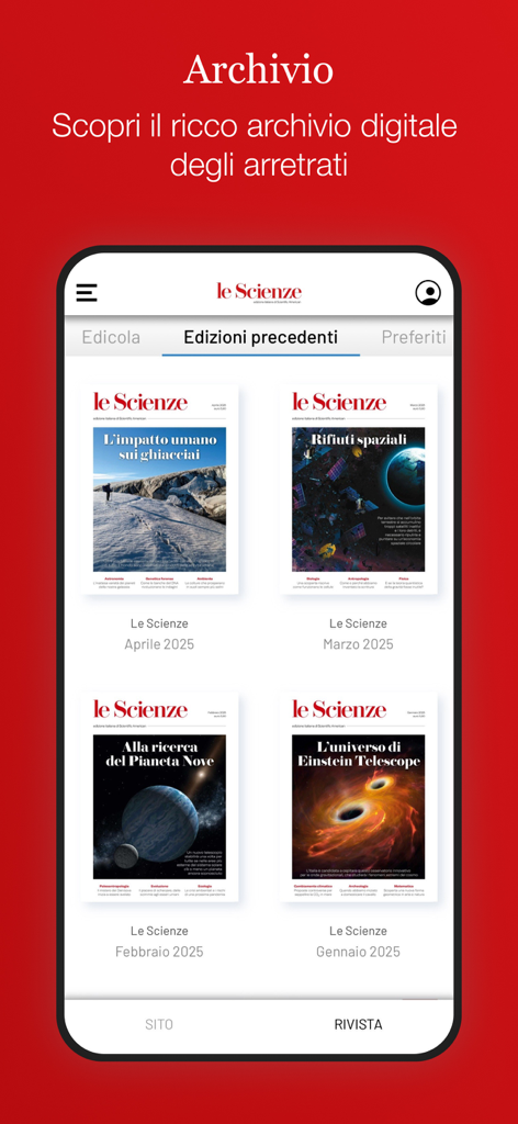 Le Scienze - Archivbildschirm der digitalen Le Scienze App, der die Titelbilder der monatlichen wissenschaftlichen Magazine zeigt