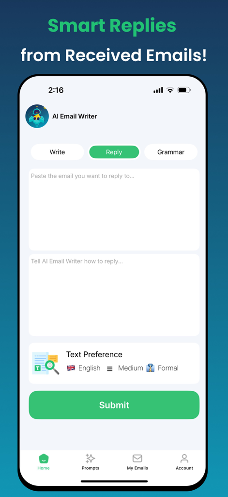 Email Writer : AI Email Writer - Interface of the AI Email Writer app featuring the smart replies tool with options for language and formal tone.
