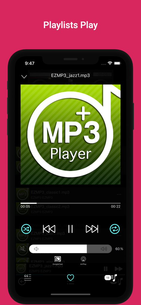 Interfaccia di riproduzione musicale di EZMP3 Player Pro che mostra una playlist con copertina dell'album e controlli di riproduzione su un iPhone
