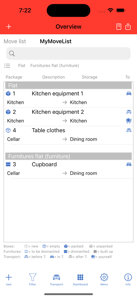 MyUmzug - MyUmzugアプリ画面、引越し予定のアイテムのインベントリリストとそのステータスを表示