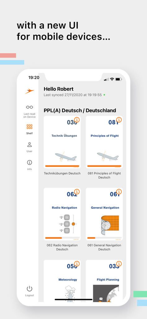 Mobile interface of the CAT eLearning app displaying various aviation course modules on a smartphone screen