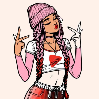 realistic teenage girl with braids and a beanie and crop top doing 🫶🏼