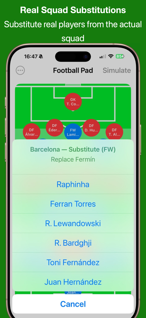 Football Pad app interface showing real player substitution options for the Barcelona squad