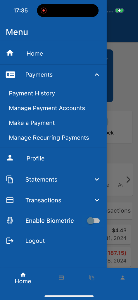 Sidebar navigation menu in the eZCardInfo app showing credit card payment and account management options