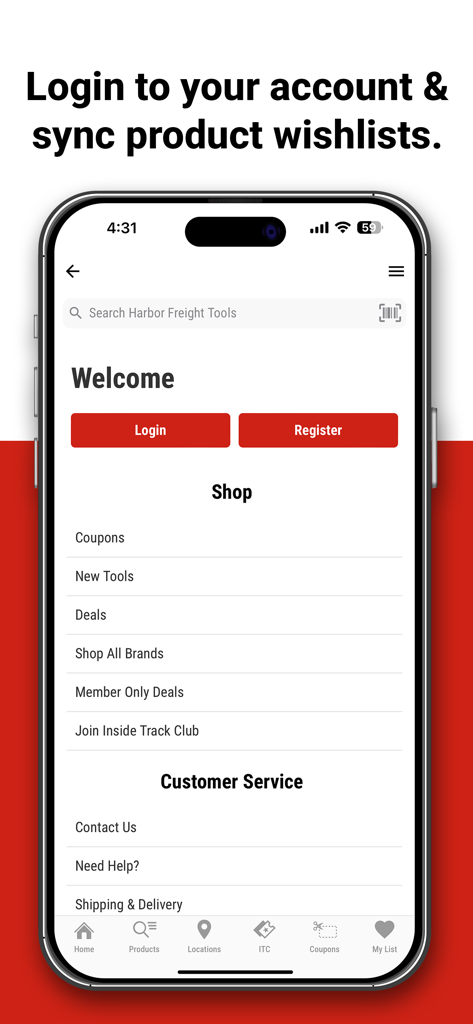 Willkommensbildschirm der Harbor Freight Tools App mit Anmelde- und Registrierungsschaltflächen und Shop-Kategorien wie Coupons und nur für Mitglieder verfügbare Angebote.