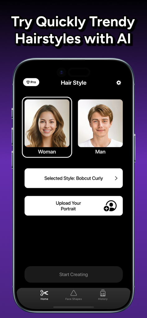 HairLab: AI Hair Try On - A tela inicial do aplicativo HairLab mostrando opções de seleção de gênero e upload de retrato para simulação de penteado com IA.