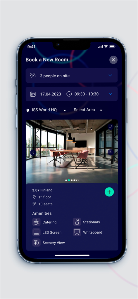 Smartphone interface of the Convenie by ISS app showing a meeting room booking screen with amenities and scheduling options