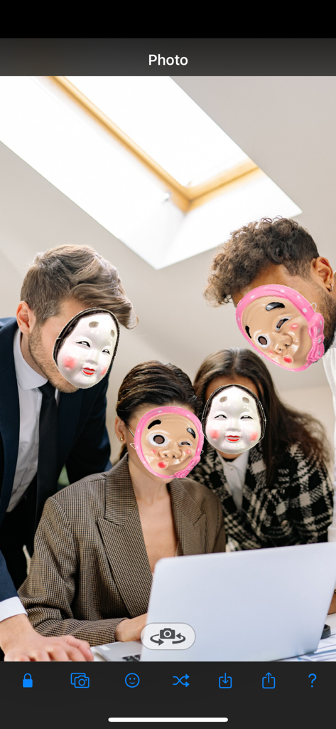 AR Mask - Four people in an office with AR Japanese masks applied to their faces.
