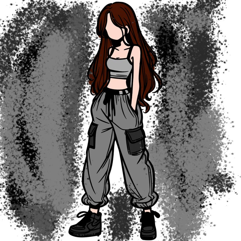 girl in baggy pants crop top and long hair