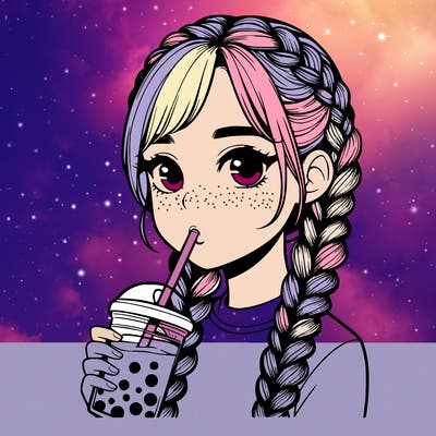 realistic girl with braided hair drinking boba